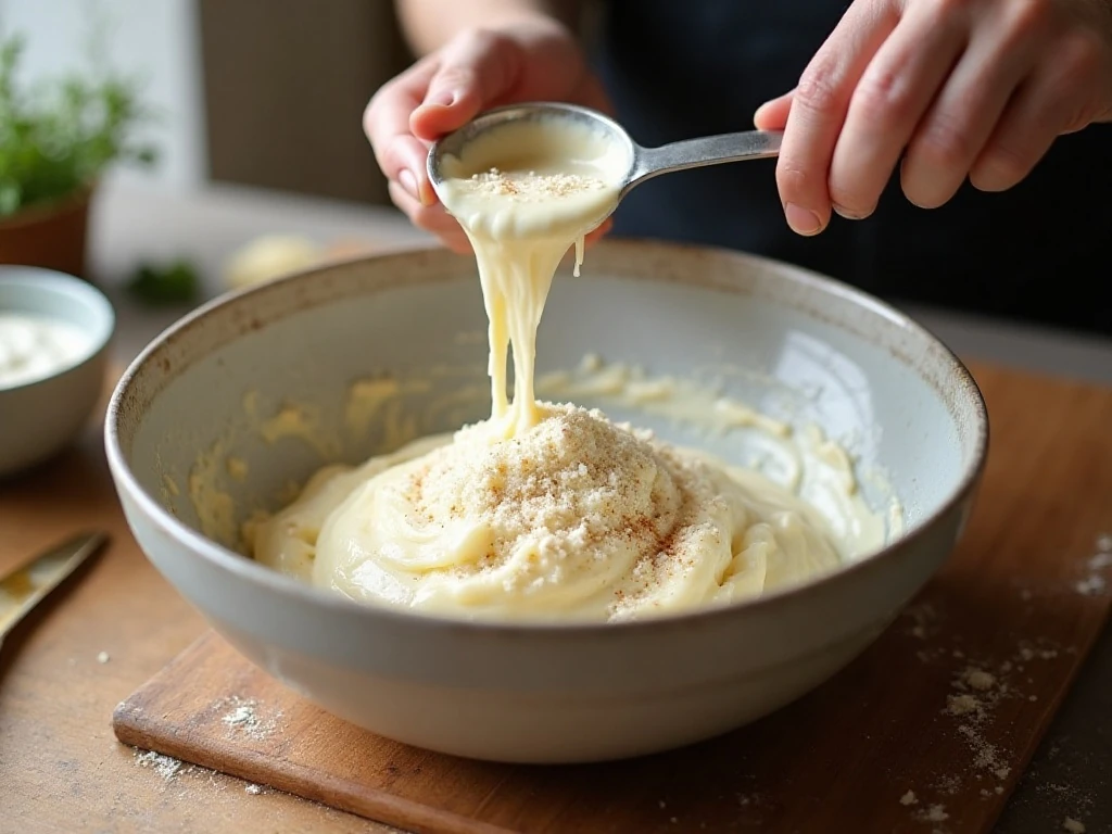Mixing melted cheese and almond flour for keto bread dough