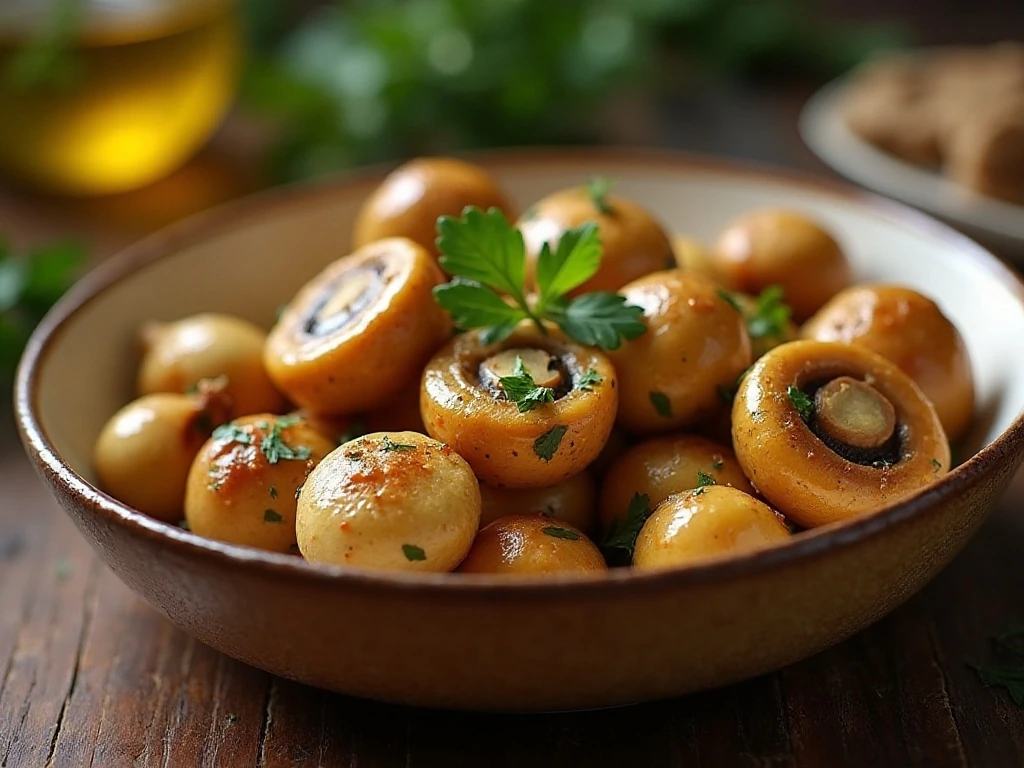 Golden garlic butter mushrooms served in a bowl