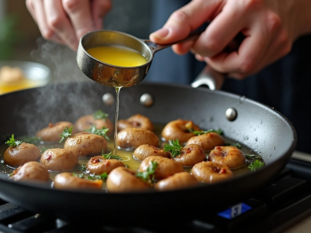 Mushrooms browning in a skillet for garlic butter mushrooms