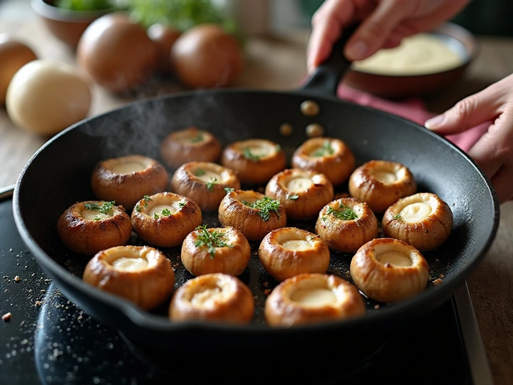 Mushrooms arranged in a single layer for browning