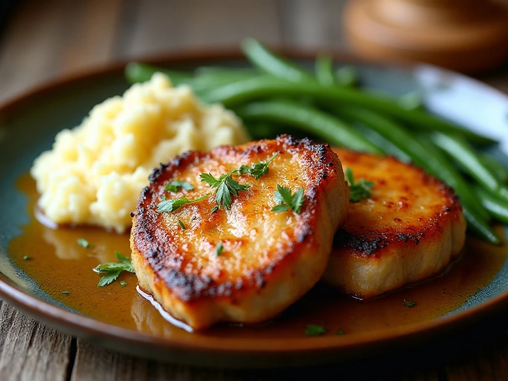 Golden garlic butter pork chops served with mashed potatoes and green beans