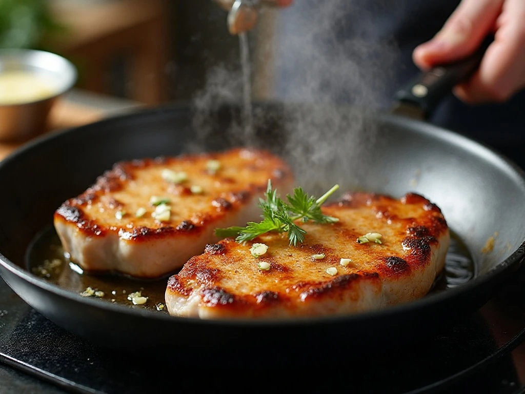 Pork chops finishing in garlic butter in a skillet