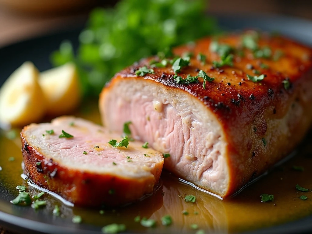 Close-up of juicy pork chop with garlic butter and herbs