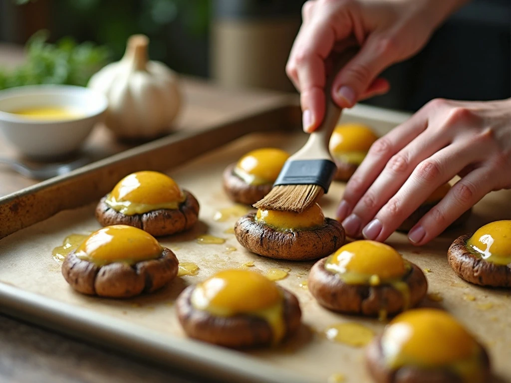 Brushing portobello mushrooms with garlic butter before roasting