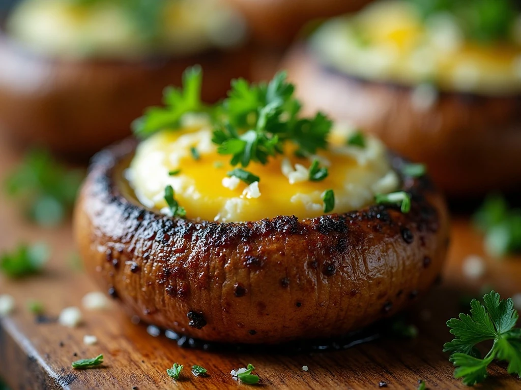 Close-up of parsley and Parmesan garlic butter mushrooms