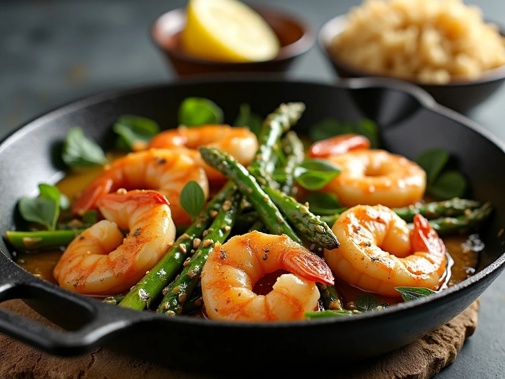 Garlic butter shrimp with asparagus served with rice