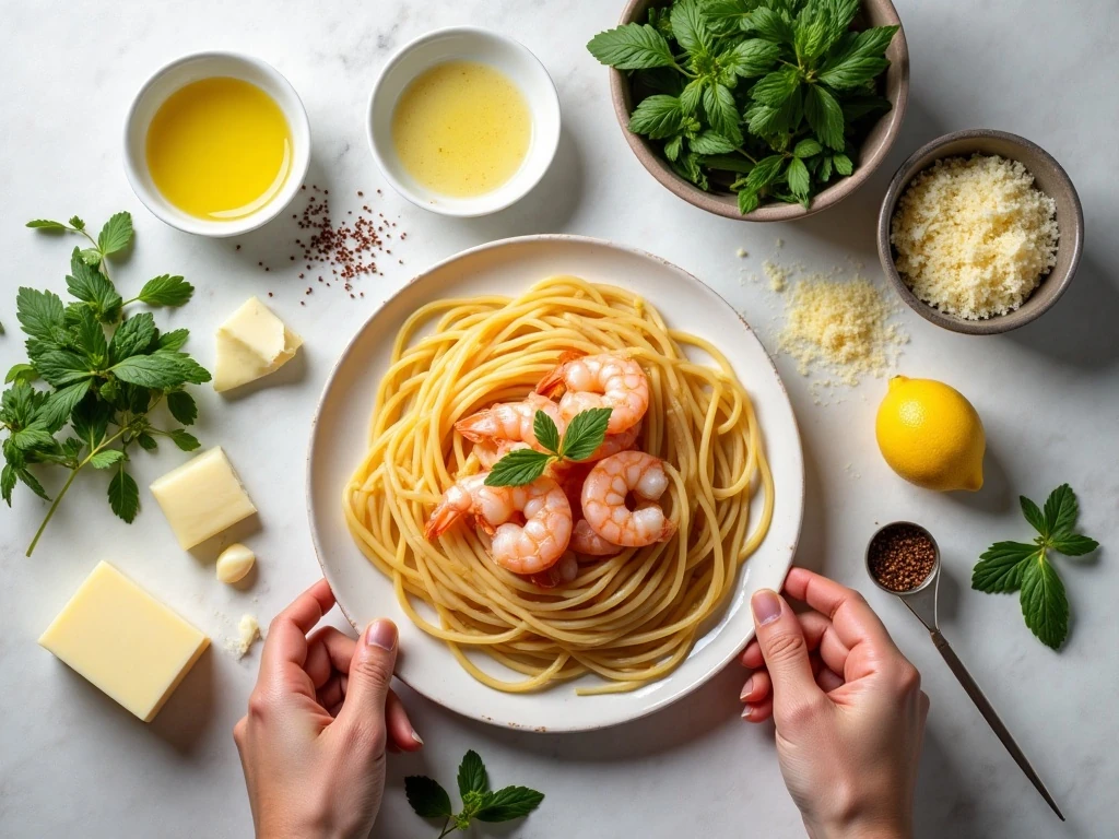 Ingredients for garlic butter shrimp pasta