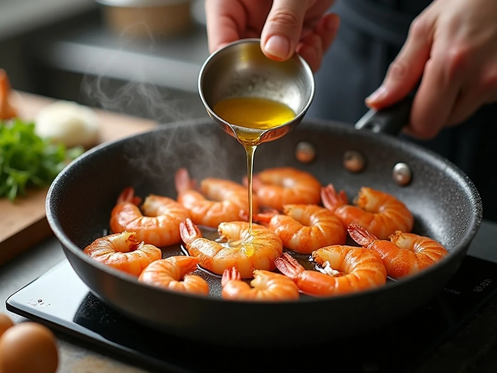 Shrimp searing in butter and olive oil for pasta