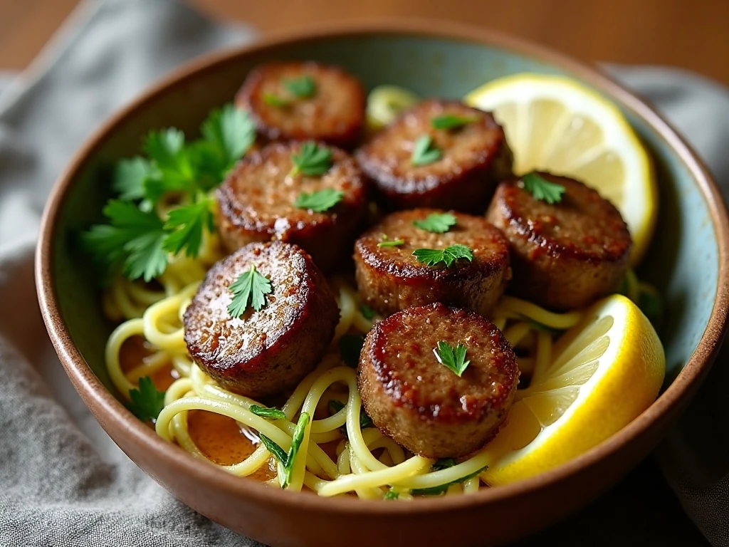 Garlic butter steak bites served over lemon zucchini noodles