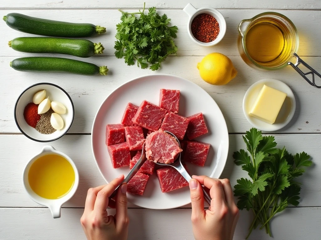 Ingredients for garlic butter steak bites with lemon zucchini noodles