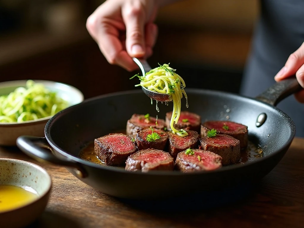 Steak bites searing in a skillet for zucchini noodle appetizer
