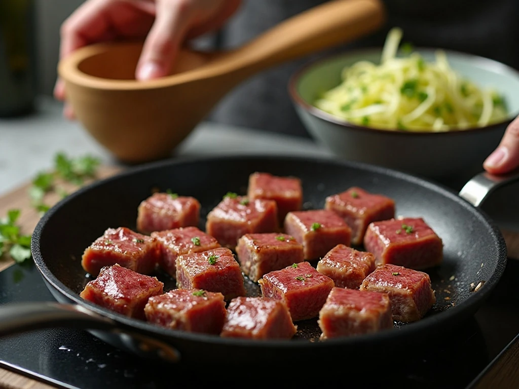 Steak cubes spaced in a skillet for a flavorful sear