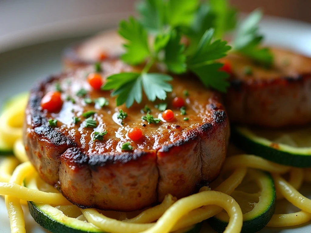 Parsley and red pepper garnish on steak bites and zucchini noodles