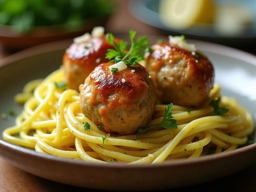 Garlic butter turkey meatballs served over lemon zucchini noodles