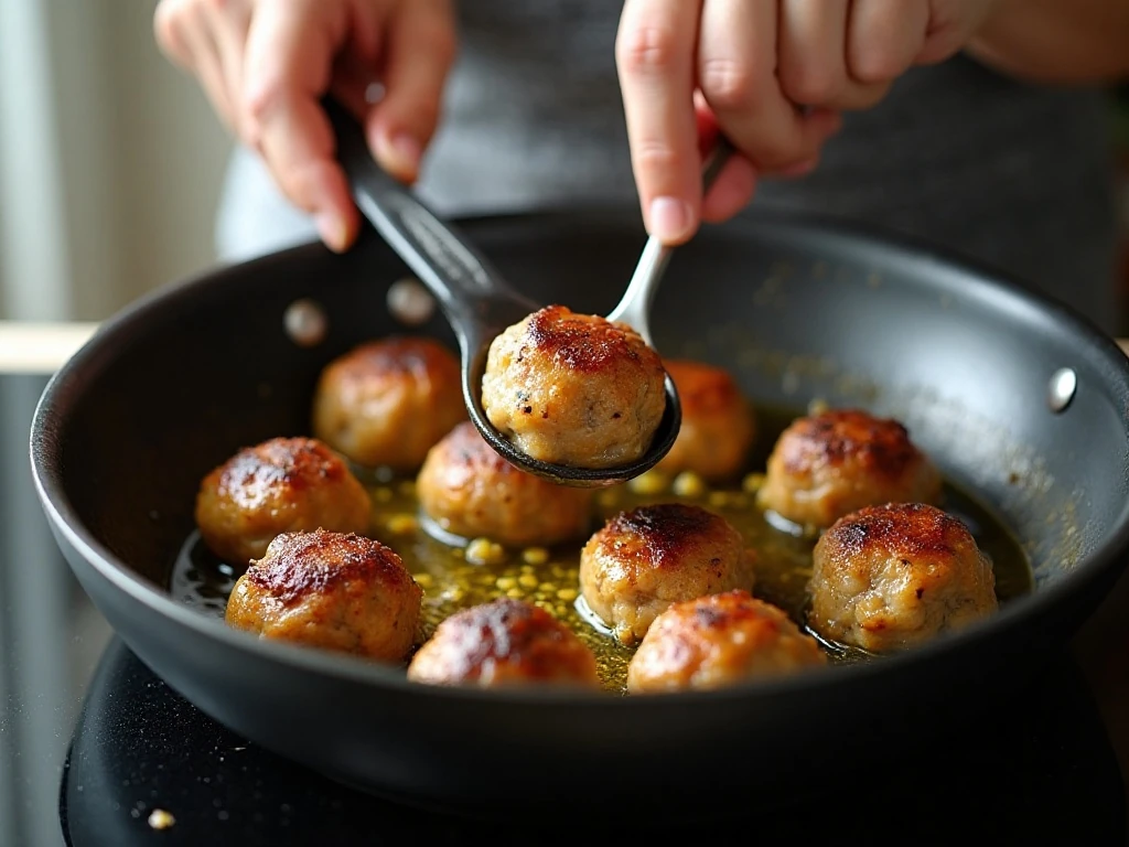 Turkey meatballs browning in a skillet