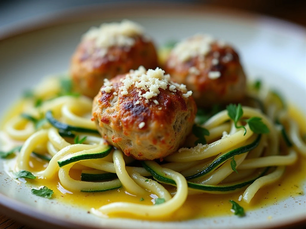Garnished turkey meatballs with lemon zucchini noodles