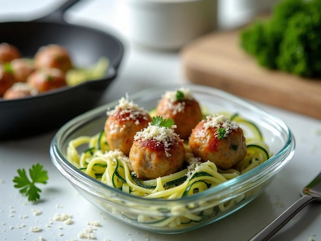Stored turkey meatballs and zucchini noodles ready for reheating