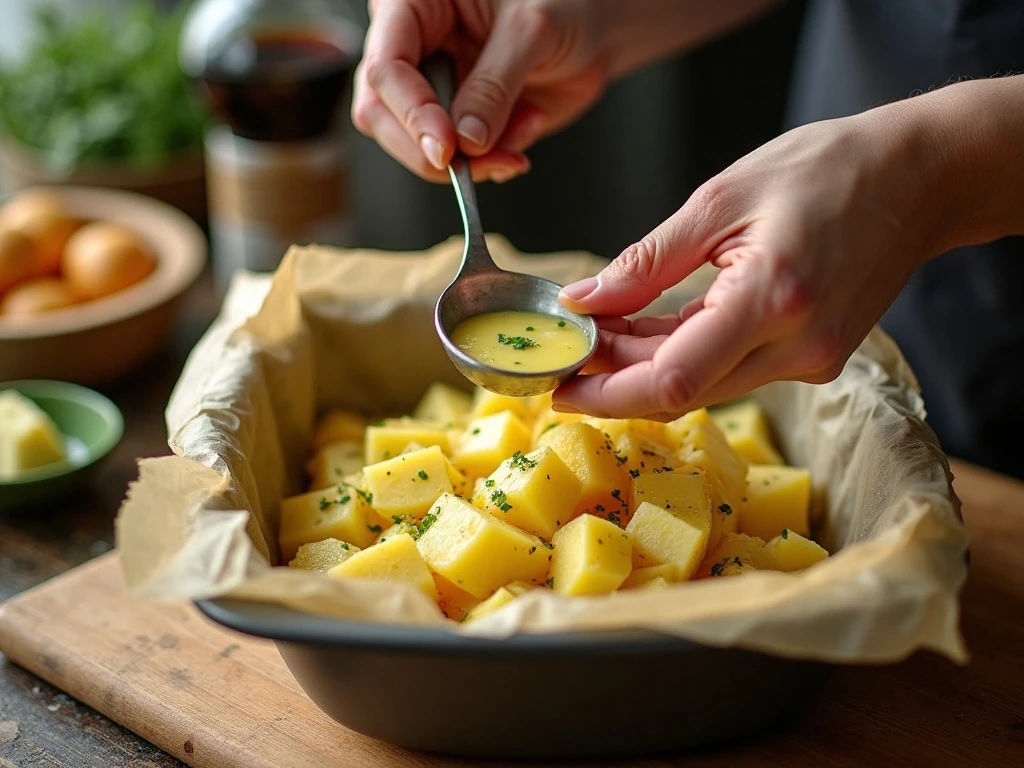 Potatoes being coated in garlic butter before roasting