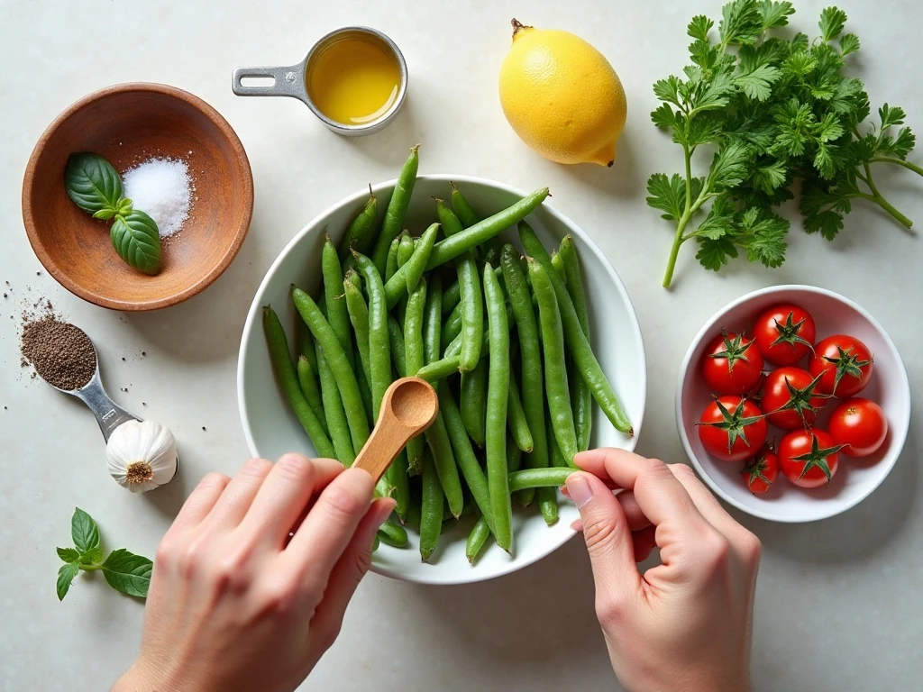 Ingredients for garlic green beans with tomatoes