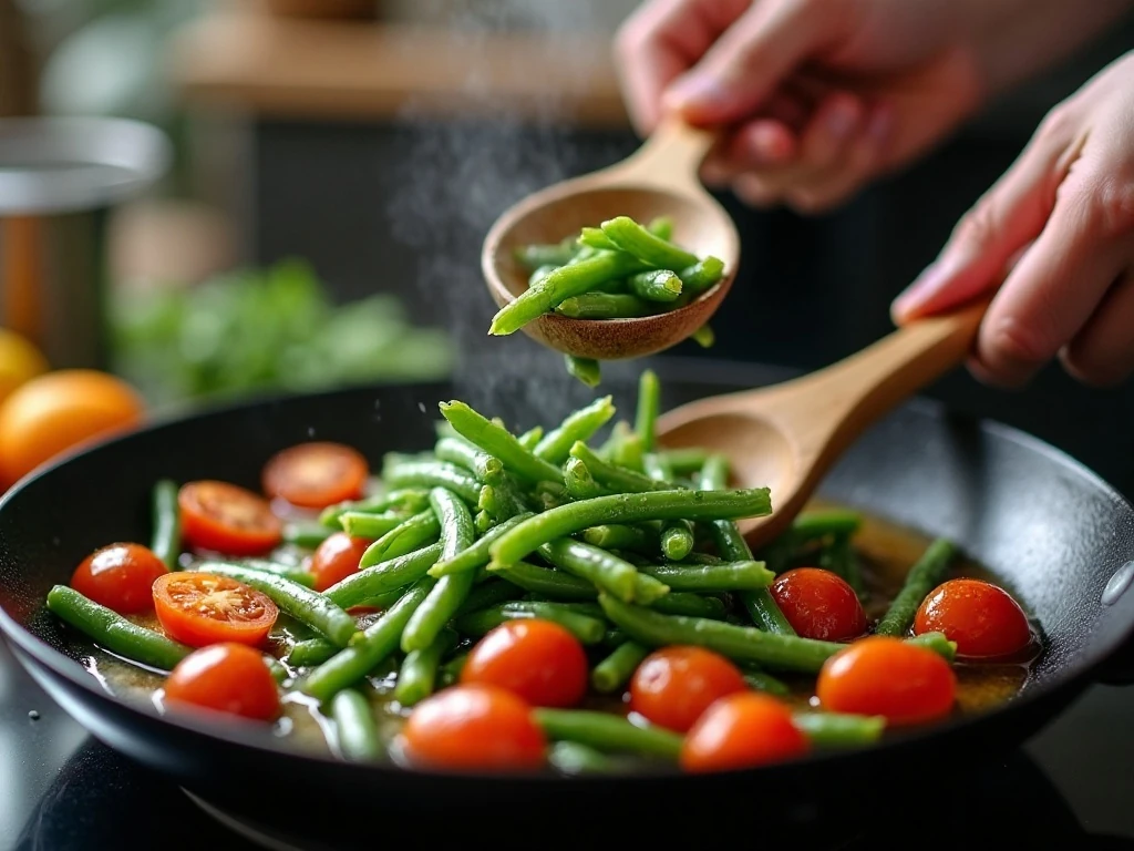 Green beans and tomatoes cooking in a skillet