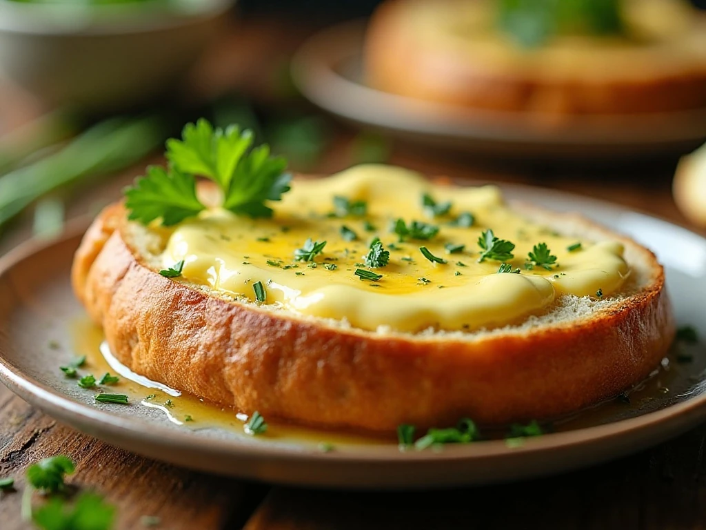 Homemade garlic herb butter melting over warm crusty bread