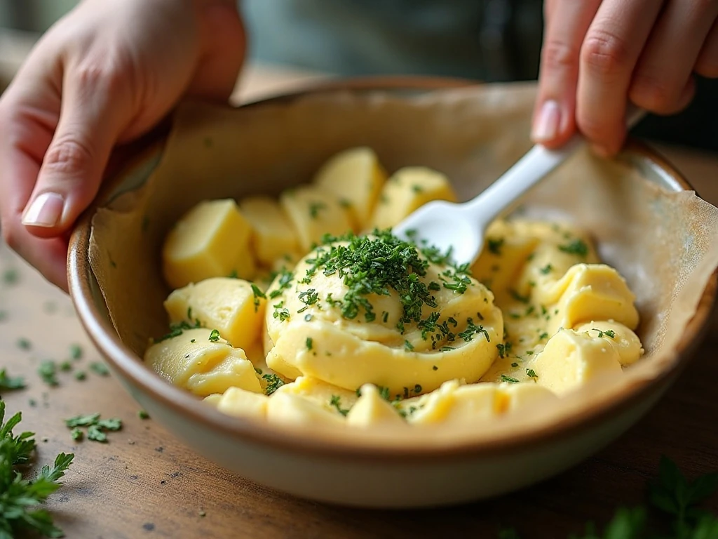 Mixing softened butter with garlic and fresh herbs