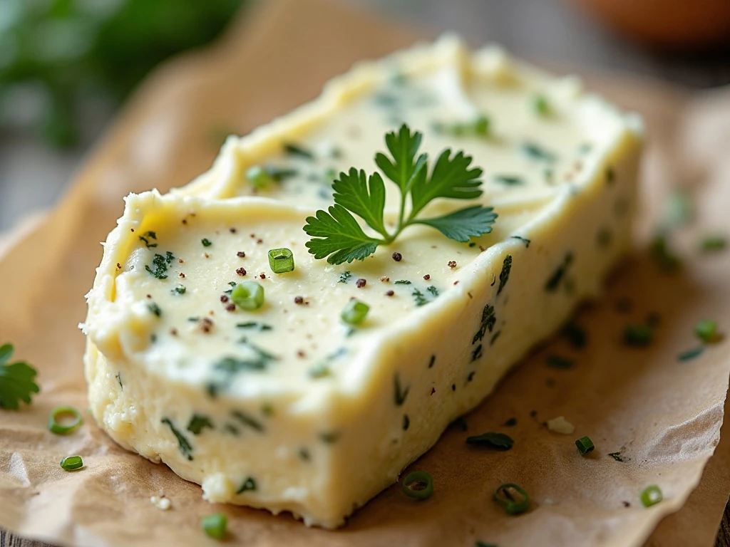Close-up texture of garlic herb butter with fresh herbs
