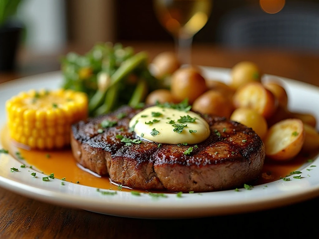 Garlic herb butter served with steak potatoes corn and vegetables