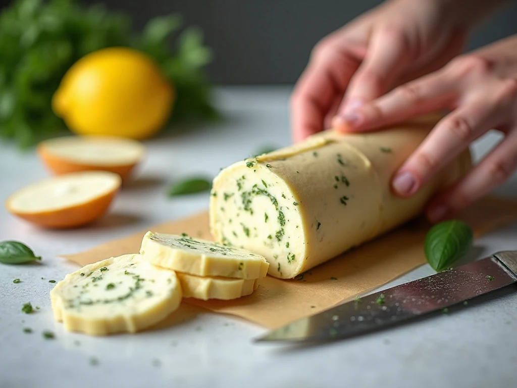 Wrapped garlic herb butter log ready for storage