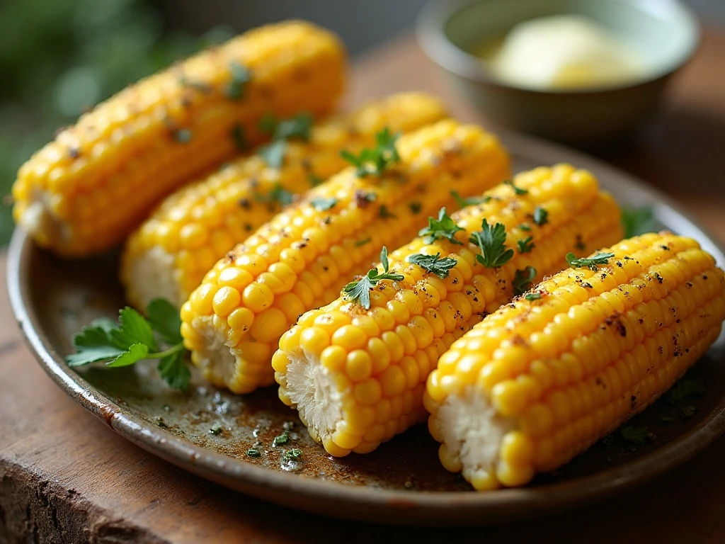 Garlic herb butter roasted corn arranged on a serving platter