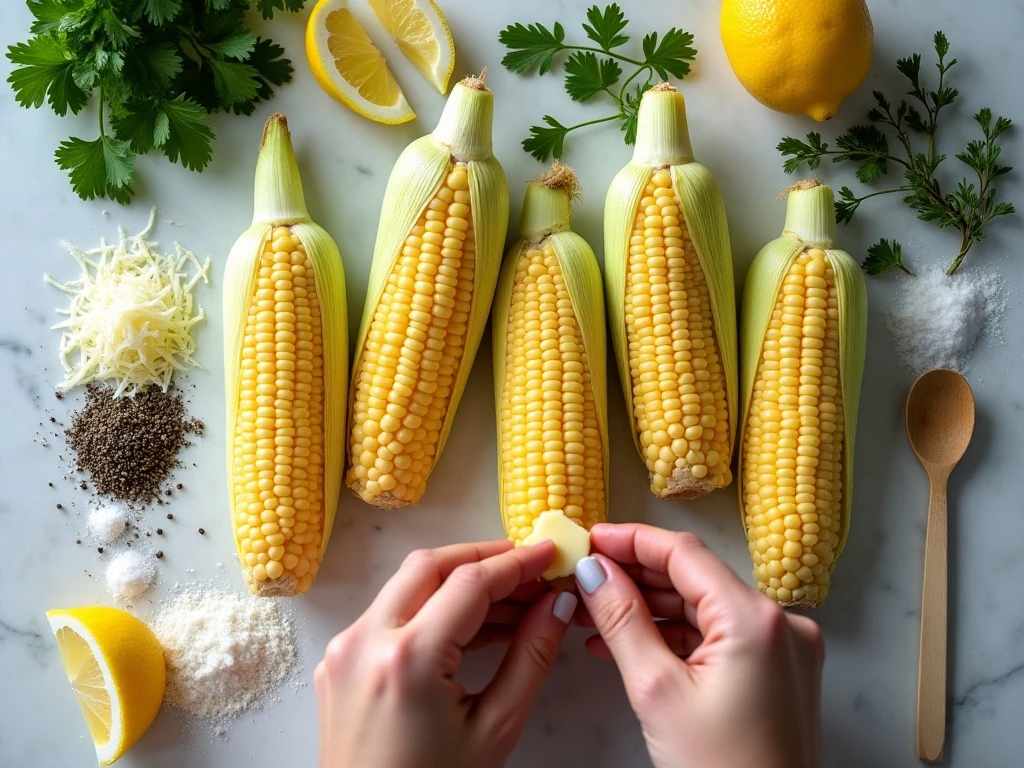 Ingredients for garlic herb butter roasted corn