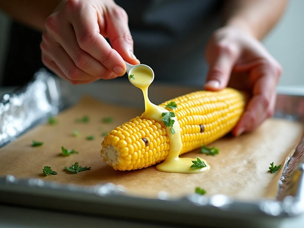 Coating corn with garlic herb butter before roasting
