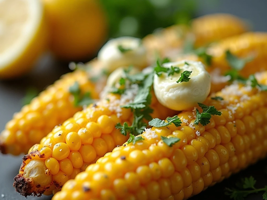 Close-up of garlic herb butter and Parmesan roasted corn