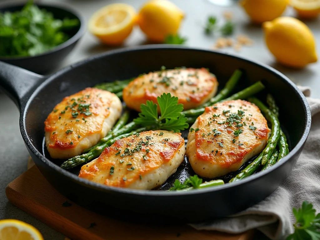 Garlic herb chicken and asparagus served as a colorful one-pan dinner