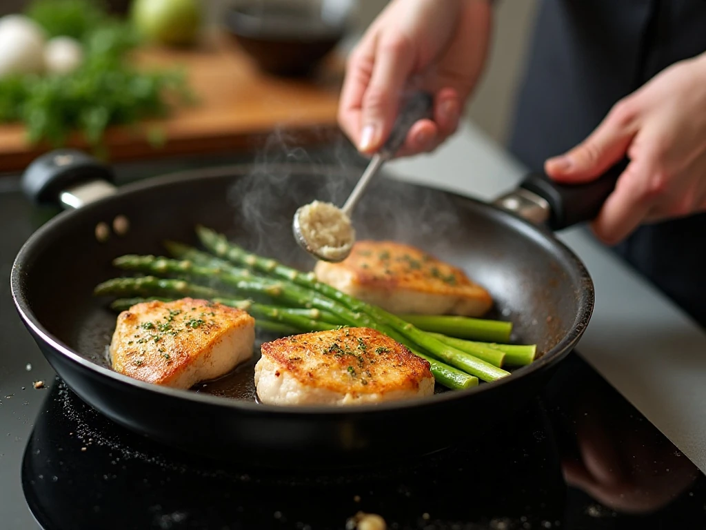 Chicken and asparagus cooking together in a skillet