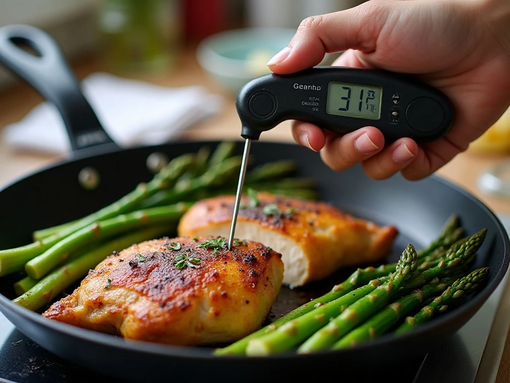 Checking chicken temperature while cooking asparagus