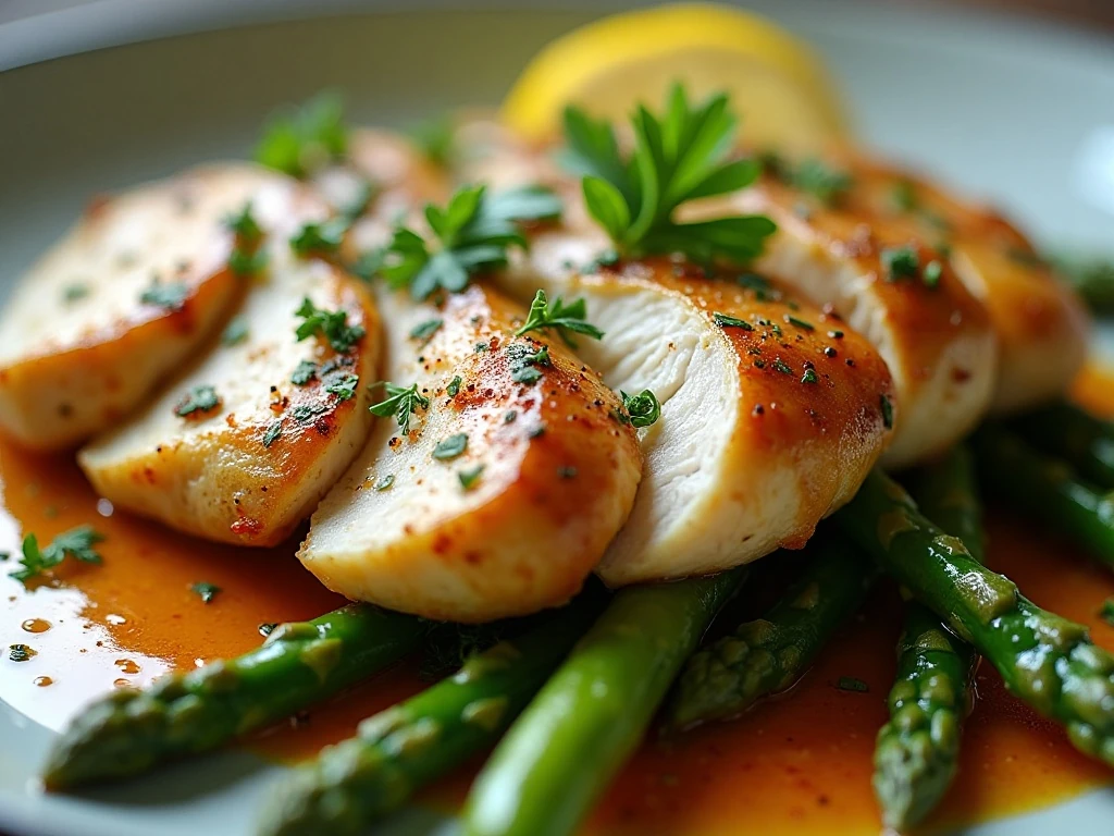 Close-up of lemon garlic herb chicken with asparagus and parsley