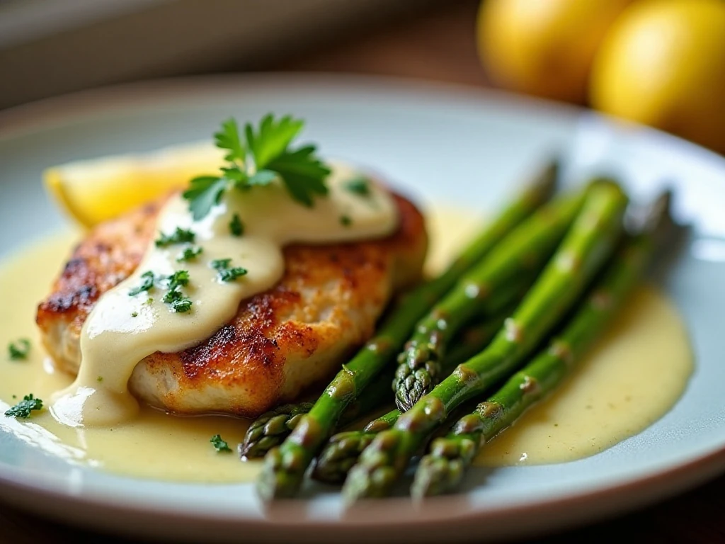 Finished garlic herb chicken and asparagus dinner with lemon