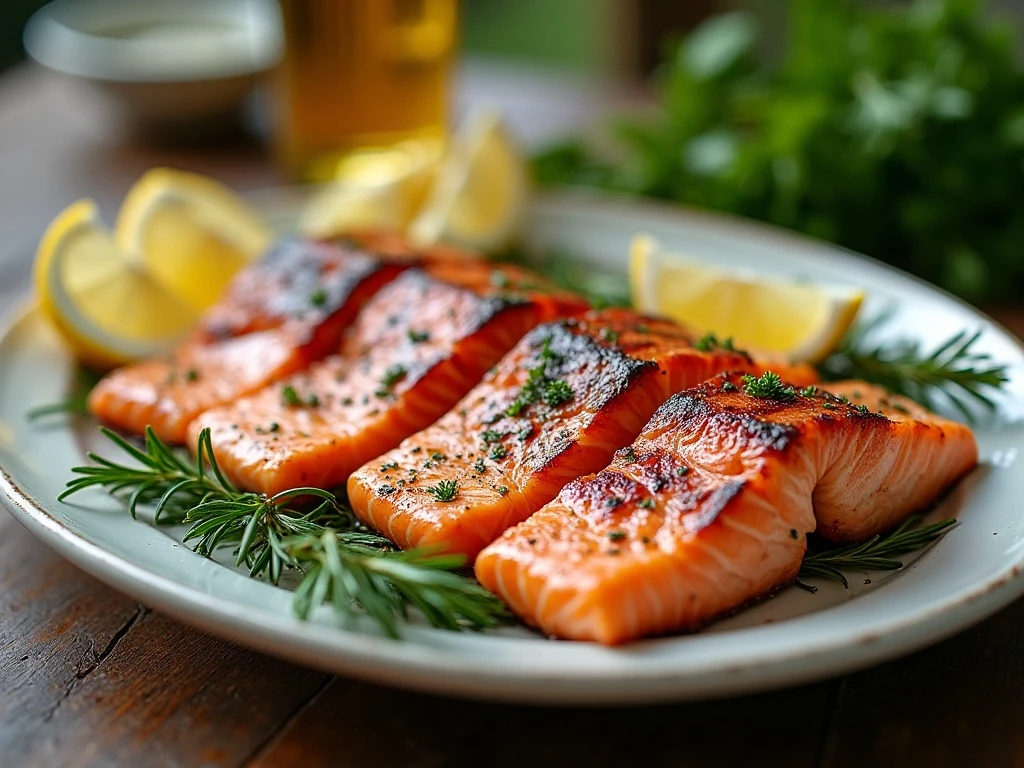 Garlic herb grilled salmon fillets served with lemon and fresh herbs