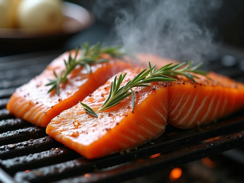 Salmon cooking skin-side down on a hot grill