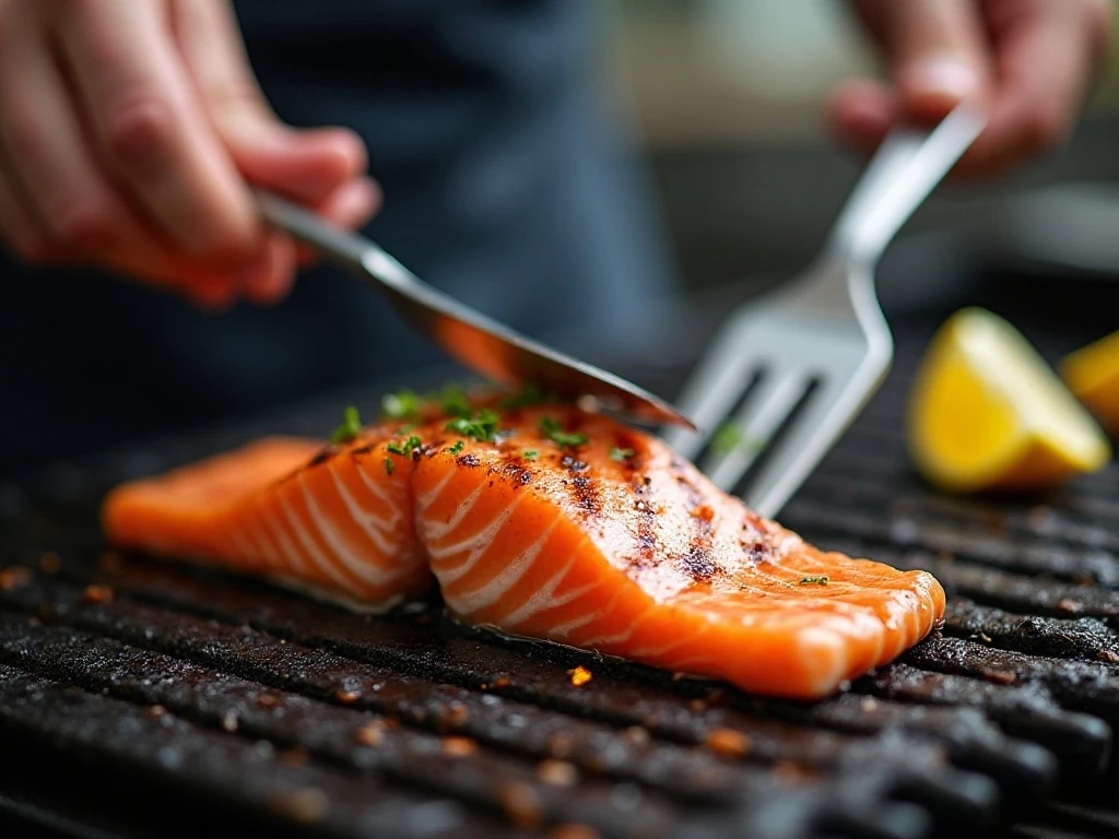 Thin spatula turning grilled salmon without sticking