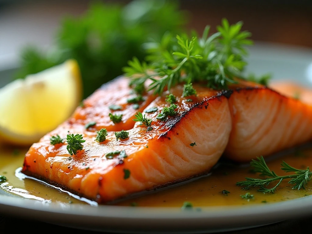 Close-up of flaky garlic herb grilled salmon with lemon