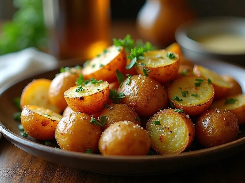 Golden garlic herb Parmesan roasted red potatoes served on a dinner table