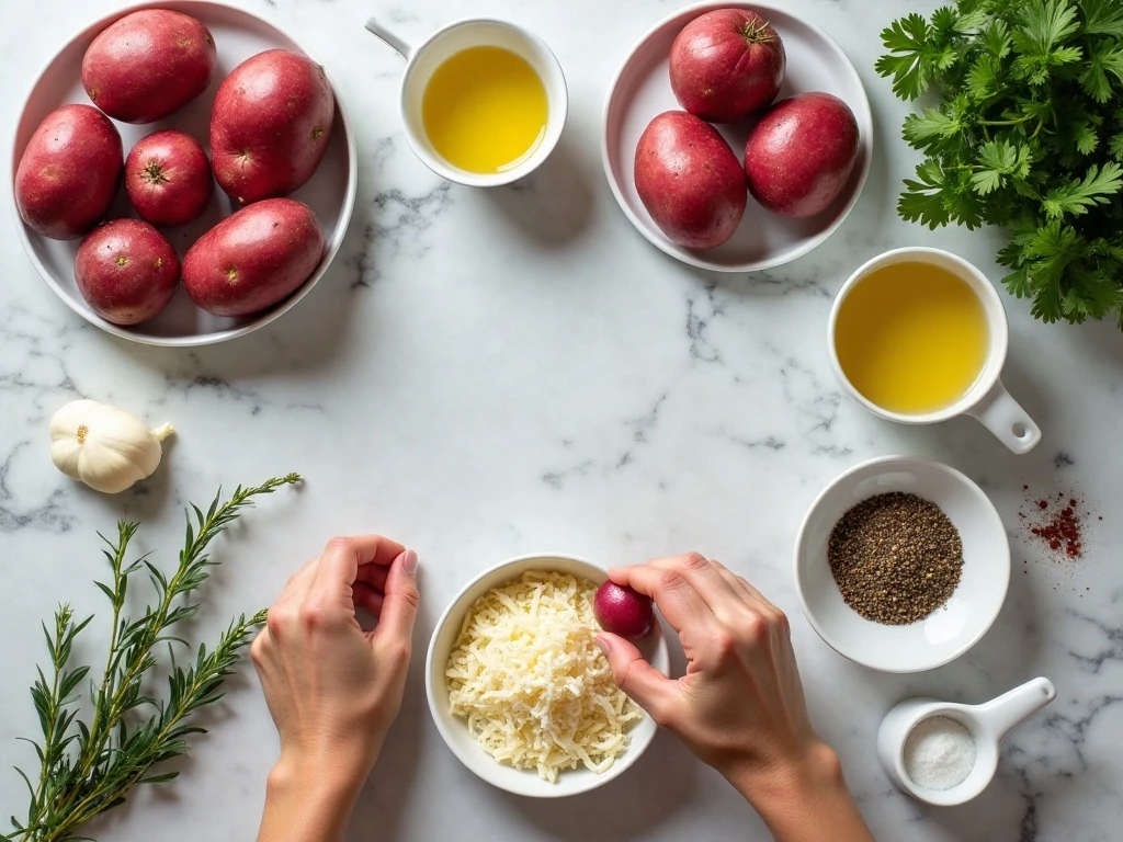 Ingredients for garlic herb Parmesan roasted red potatoes