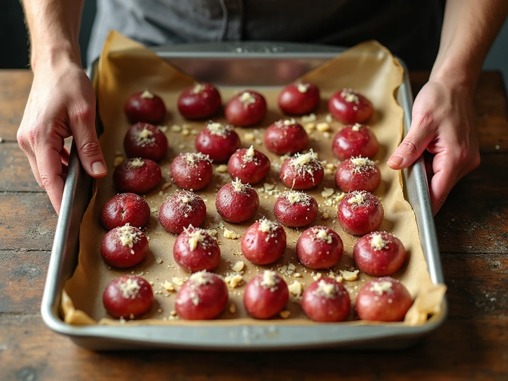 Potatoes spaced on a baking sheet for crisp roasting