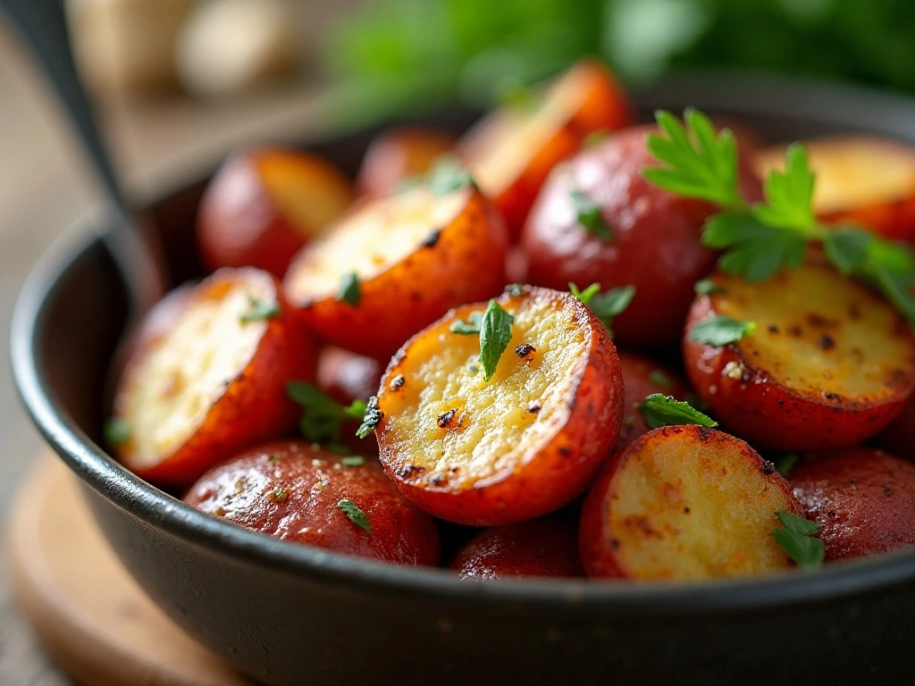 Crisp reheated Parmesan roasted potatoes with parsley