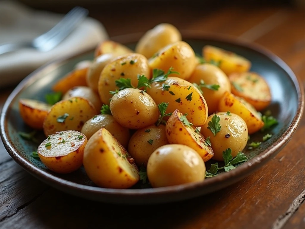 Crispy garlic herb roasted potatoes served on a platter