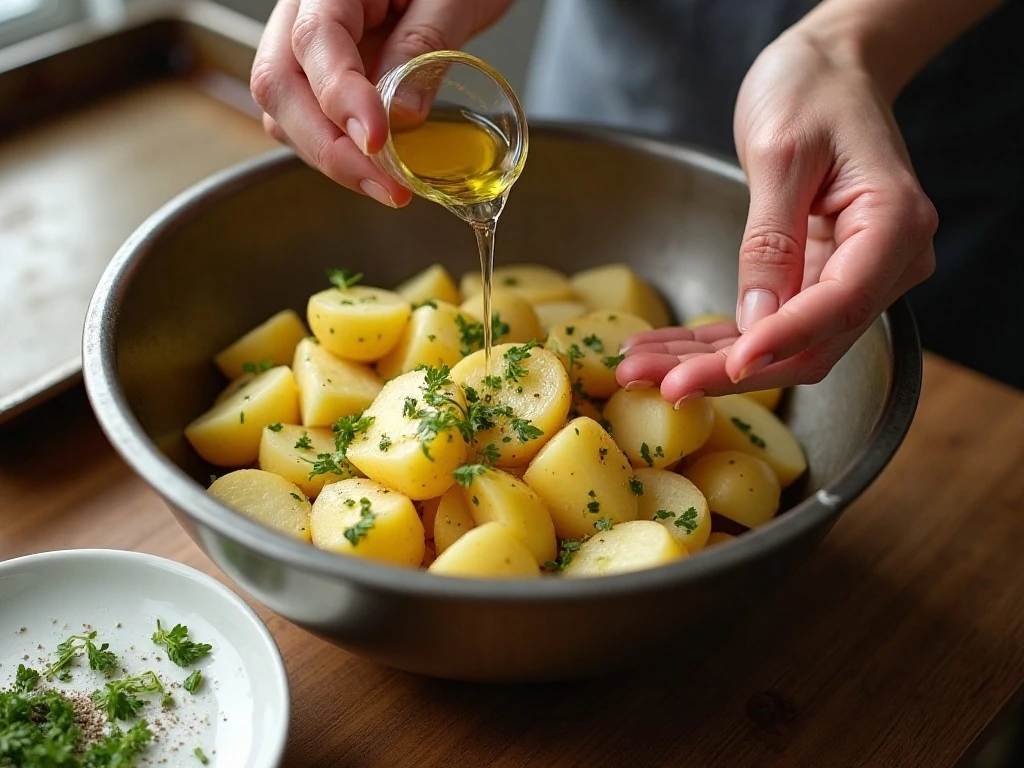 Potatoes being tossed with garlic, herbs, and olive oil