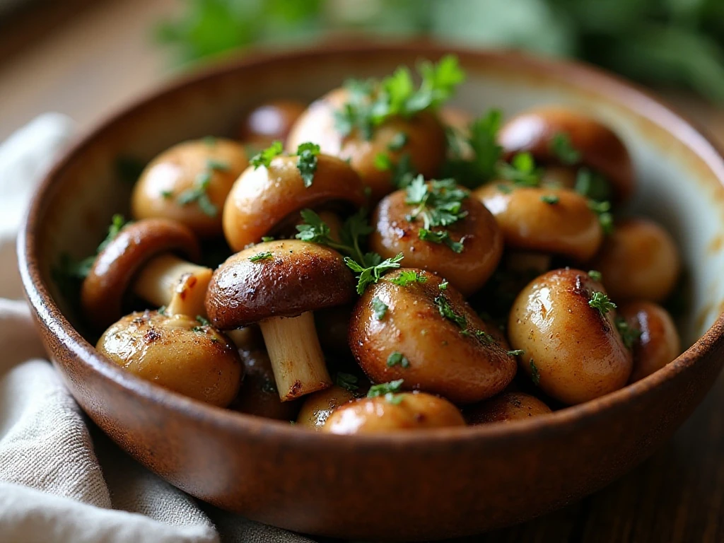 Golden garlic herb sautéed mushrooms served as a savory side dish