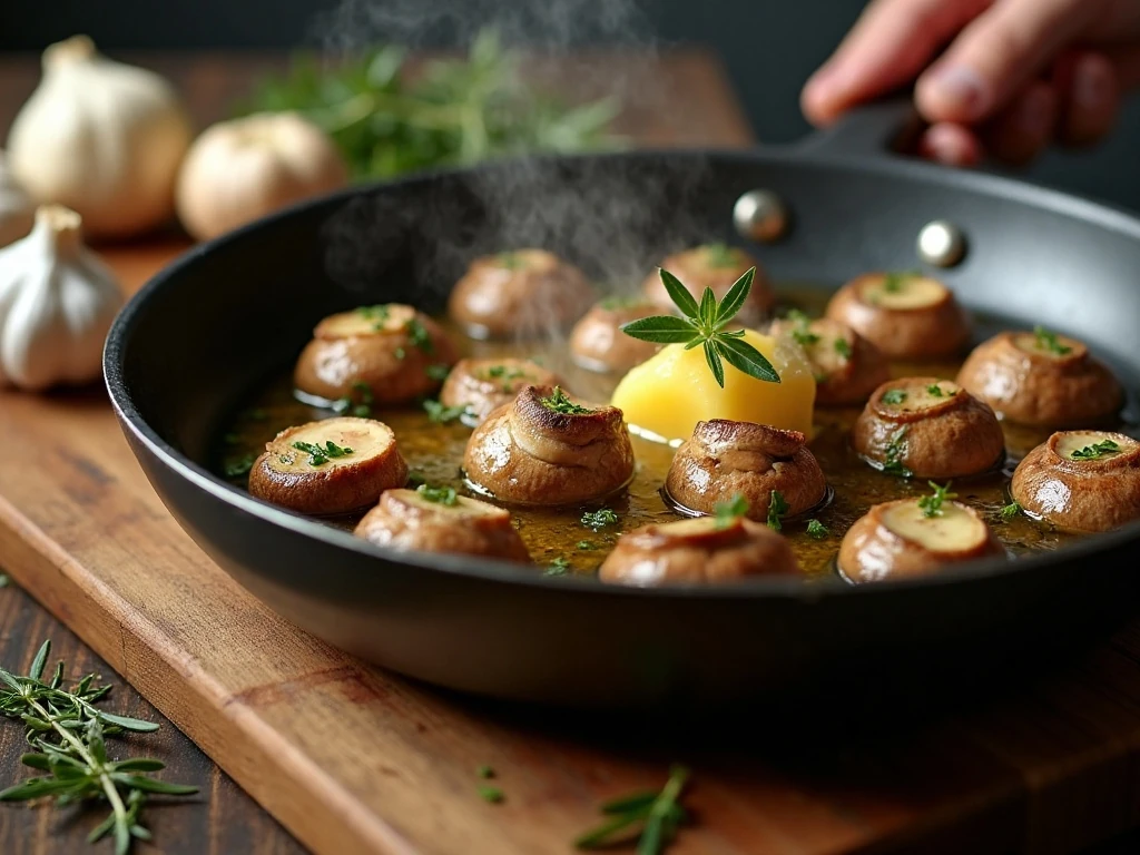 Mushrooms browning in a wide skillet with butter and olive oil